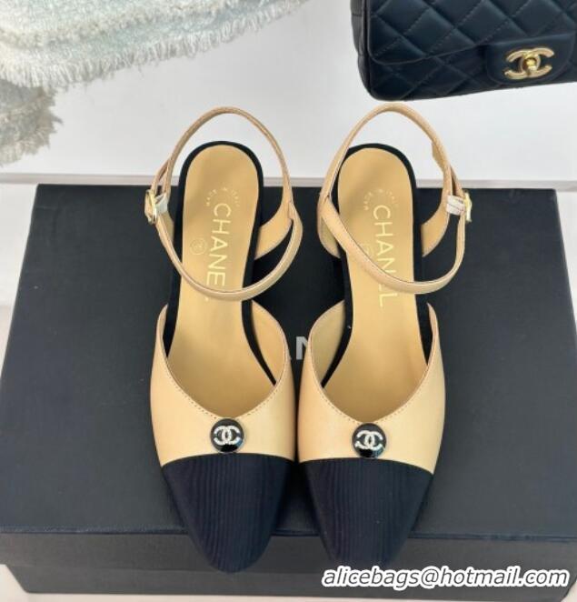 Best Grade Chanel Calfskin Slingback Pumps with Crystals CC Button Beige 0126038