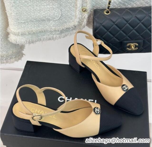 Best Grade Chanel Calfskin Slingback Pumps with Crystals CC Button Beige 0126038