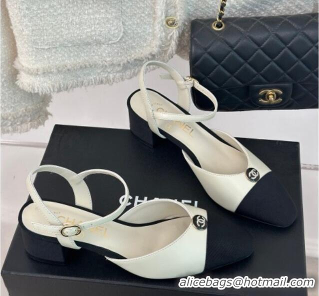 Top Grade Chanel Calfskin Slingback Pumps with Crystals CC Button White 0126039