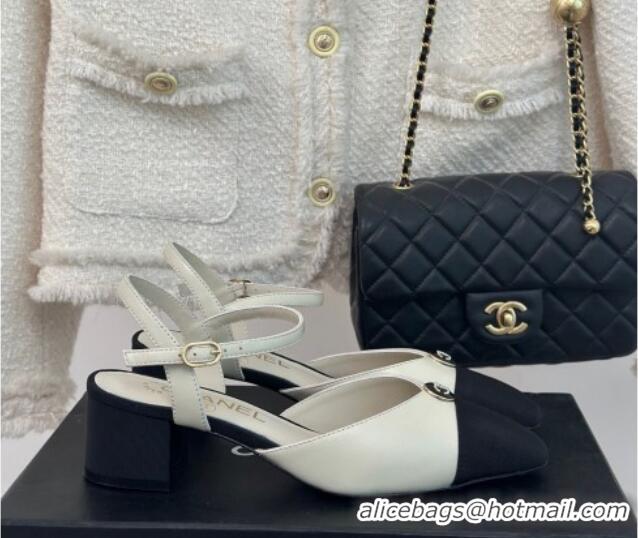 Top Grade Chanel Calfskin Slingback Pumps with Crystals CC Button White 0126039