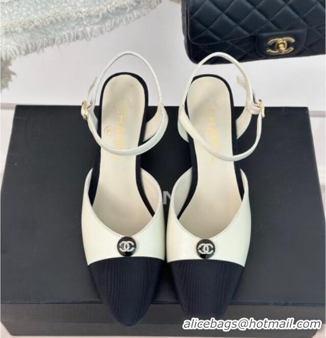 Top Grade Chanel Calfskin Slingback Pumps with Crystals CC Button White 0126039