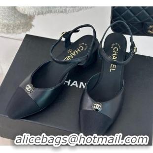 Unique Style Chanel Calfskin Slingback Pumps with Crystals CC Button Black 0126040