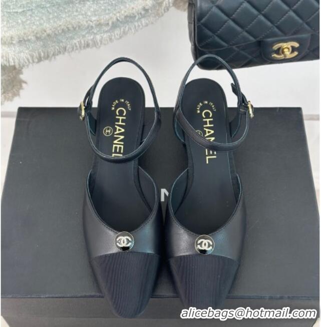 Unique Style Chanel Calfskin Slingback Pumps with Crystals CC Button Black 0126040