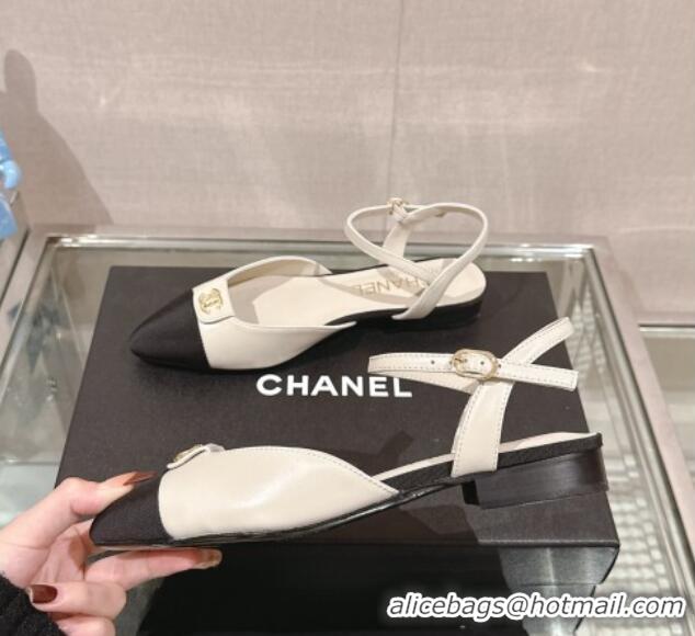 Unique Discount Chanel Lambskin Slingback Flat with CC Foldover 2.5cm White 126044