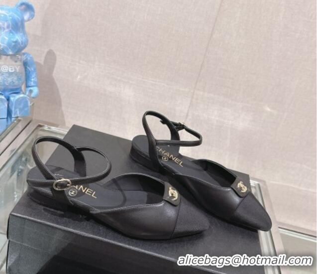 Good Quality Chanel Lambskin Slingback Flat with CC Foldover 2.5cm Black 0126045