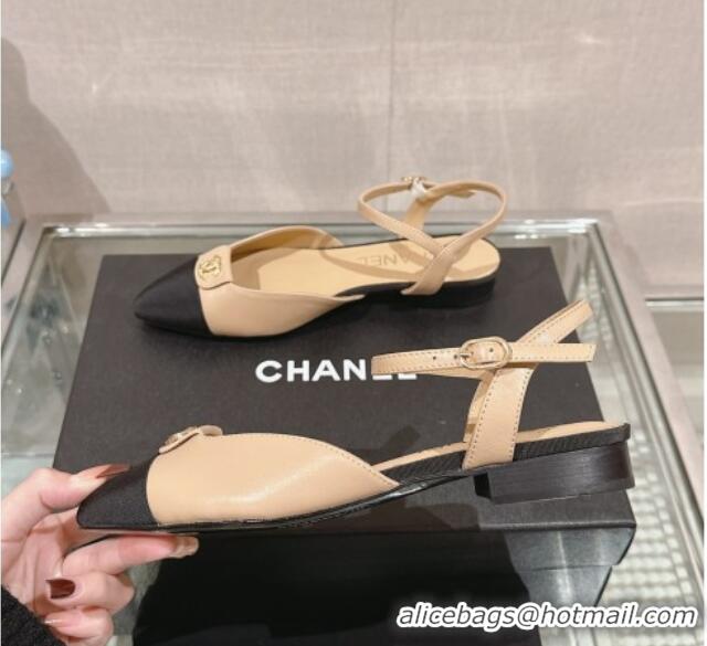 Top Design Chanel Lambskin Slingback Flat with CC Foldover 2.5cm Beige 126046