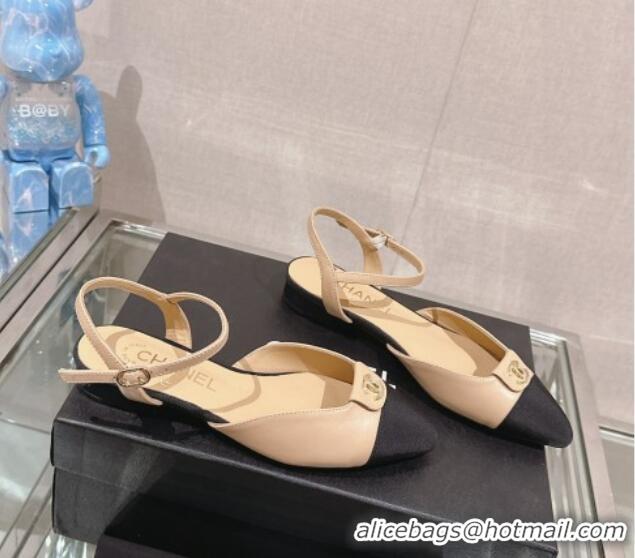 Top Design Chanel Lambskin Slingback Flat with CC Foldover 2.5cm Beige 126046