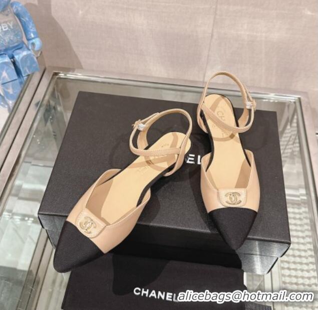 Top Design Chanel Lambskin Slingback Flat with CC Foldover 2.5cm Beige 126046