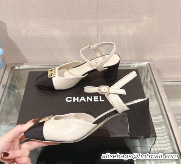 Best Product Chanel Lambskin Slingback Pumps with Framed CC 7cm White 126050