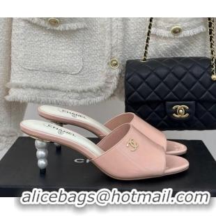 Luxurious Chanel Patent Calfskin Slide Sandals 6cm with Pearls Heel Light Pink 126053