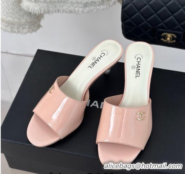 Luxurious Chanel Patent Calfskin Slide Sandals 6cm with Pearls Heel Light Pink 126053