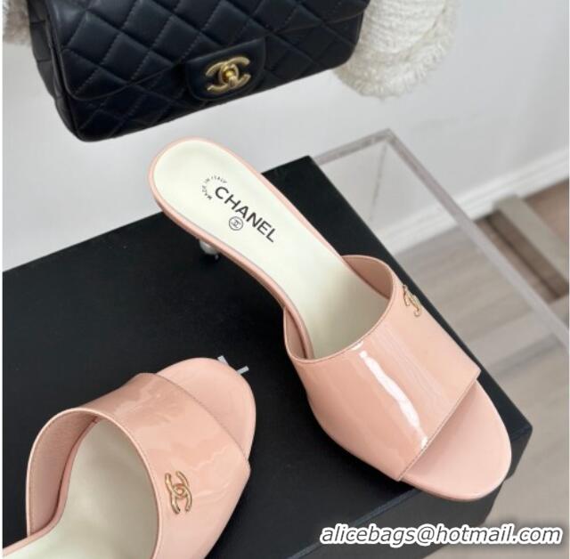 Luxurious Chanel Patent Calfskin Slide Sandals 6cm with Pearls Heel Light Pink 126053