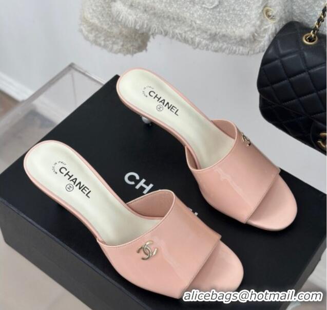 Luxurious Chanel Patent Calfskin Slide Sandals 6cm with Pearls Heel Light Pink 126053