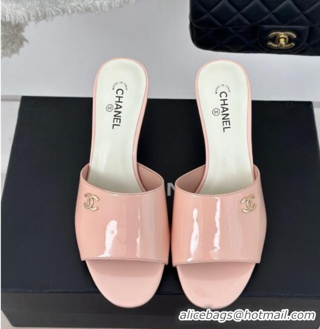 Luxurious Chanel Patent Calfskin Slide Sandals 6cm with Pearls Heel Light Pink 126053