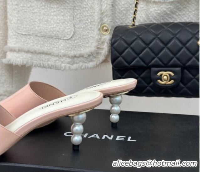 Luxurious Chanel Patent Calfskin Slide Sandals 6cm with Pearls Heel Light Pink 126053