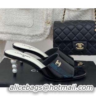 Cheap Price Chanel Patent Calfskin Slide Sandals 6cm with Pearls Heel Black 0126054