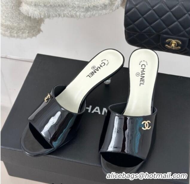 Cheap Price Chanel Patent Calfskin Slide Sandals 6cm with Pearls Heel Black 0126054