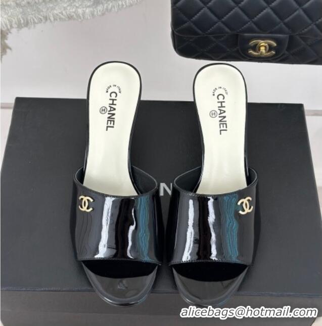 Cheap Price Chanel Patent Calfskin Slide Sandals 6cm with Pearls Heel Black 0126054