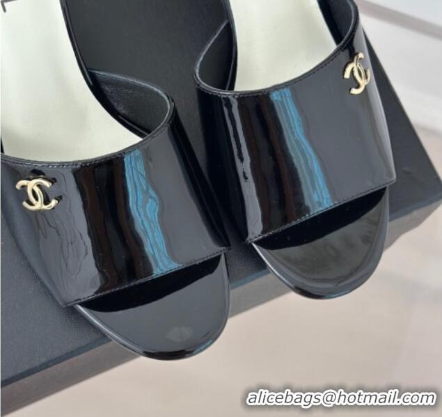 Cheap Price Chanel Patent Calfskin Slide Sandals 6cm with Pearls Heel Black 0126054