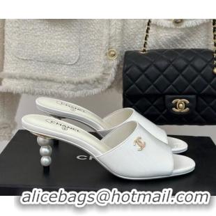 Best Grade Chanel Patent Calfskin Slide Sandals 6cm with Pearls Heel White 0126055