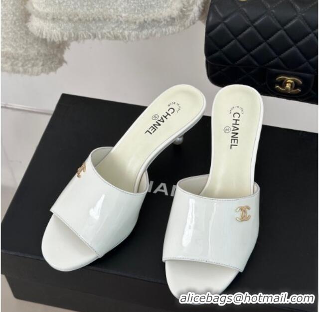 Best Grade Chanel Patent Calfskin Slide Sandals 6cm with Pearls Heel White 0126055