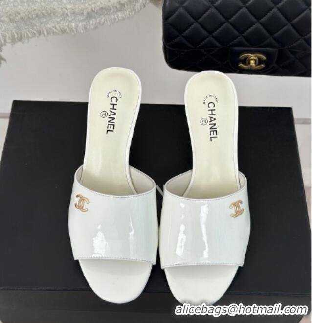 Best Grade Chanel Patent Calfskin Slide Sandals 6cm with Pearls Heel White 0126055