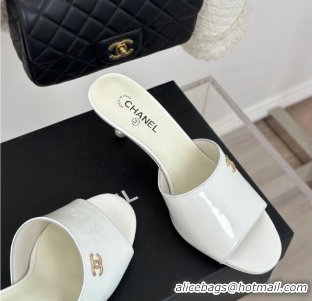 Best Grade Chanel Patent Calfskin Slide Sandals 6cm with Pearls Heel White 0126055