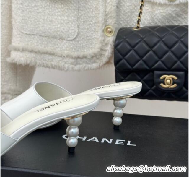 Best Grade Chanel Patent Calfskin Slide Sandals 6cm with Pearls Heel White 0126055