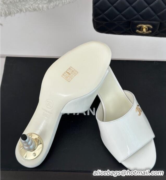 Best Grade Chanel Patent Calfskin Slide Sandals 6cm with Pearls Heel White 0126055