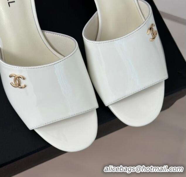 Best Grade Chanel Patent Calfskin Slide Sandals 6cm with Pearls Heel White 0126055