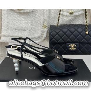 Good Looking Chanel Patent Calfskin Sandals 6cm with Pearls Heel and Strap Black 0126056