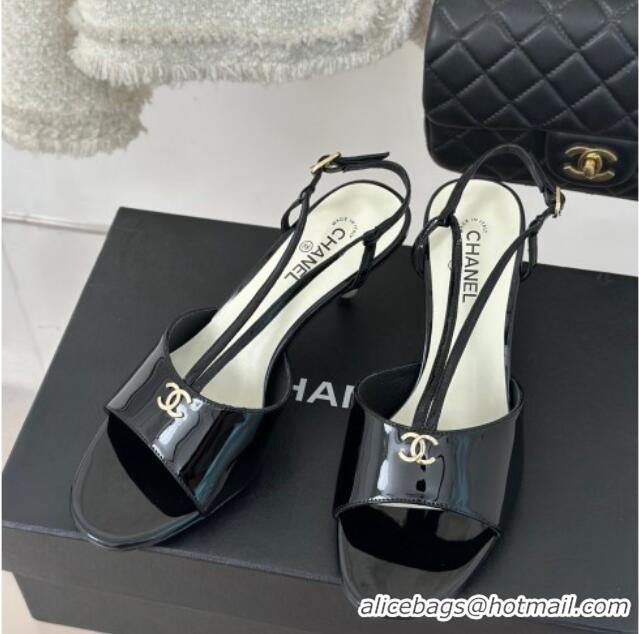 Good Looking Chanel Patent Calfskin Sandals 6cm with Pearls Heel and Strap Black 0126056