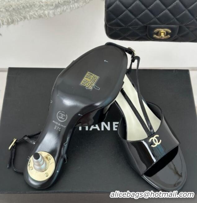 Good Looking Chanel Patent Calfskin Sandals 6cm with Pearls Heel and Strap Black 0126056