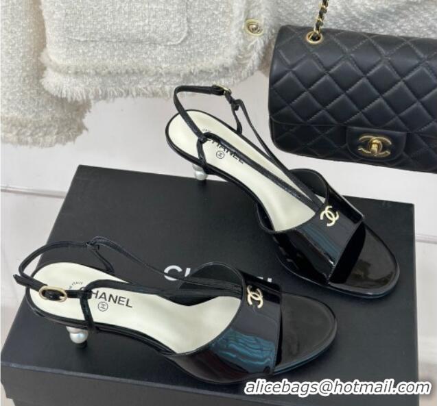 Good Looking Chanel Patent Calfskin Sandals 6cm with Pearls Heel and Strap Black 0126056