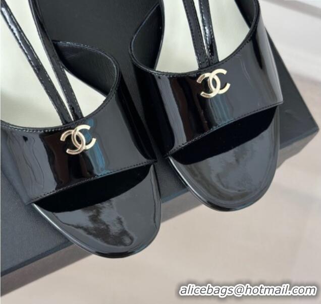 Good Looking Chanel Patent Calfskin Sandals 6cm with Pearls Heel and Strap Black 0126056