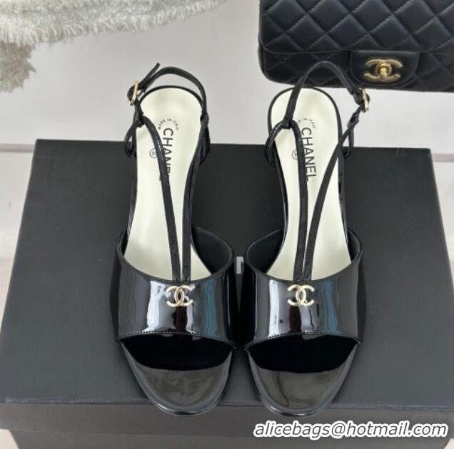 Good Looking Chanel Patent Calfskin Sandals 6cm with Pearls Heel and Strap Black 0126056