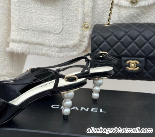 Good Looking Chanel Patent Calfskin Sandals 6cm with Pearls Heel and Strap Black 0126056