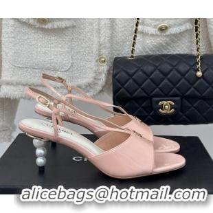 Pretty Style Chanel Patent Calfskin Sandals 6cm with Pearls Heel and Strap Light Pink 0126057