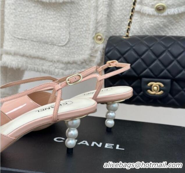 Pretty Style Chanel Patent Calfskin Sandals 6cm with Pearls Heel and Strap Light Pink 0126057