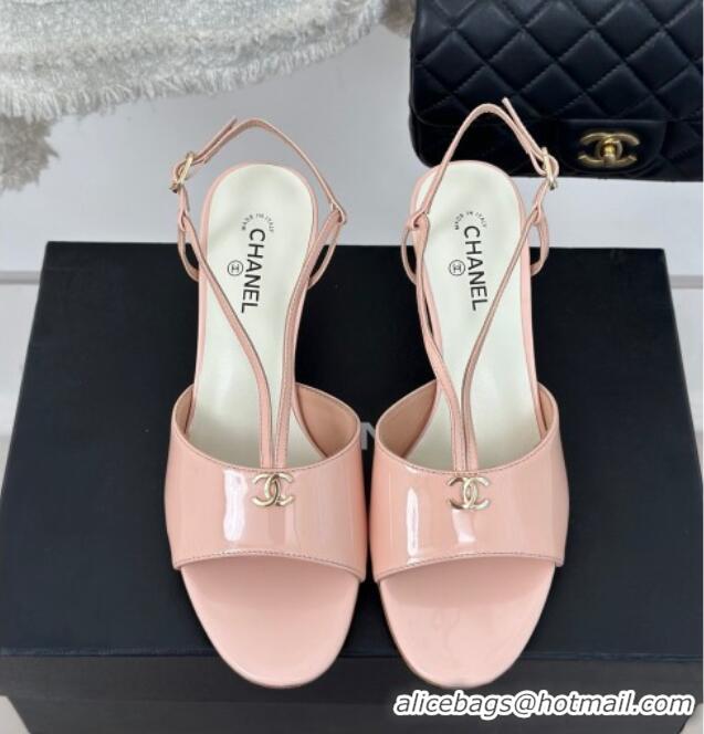 Pretty Style Chanel Patent Calfskin Sandals 6cm with Pearls Heel and Strap Light Pink 0126057