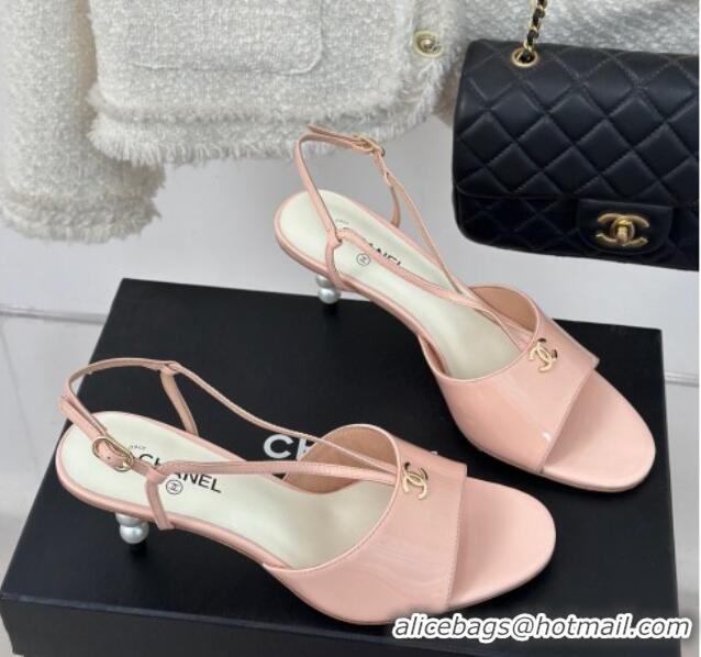 Pretty Style Chanel Patent Calfskin Sandals 6cm with Pearls Heel and Strap Light Pink 0126057