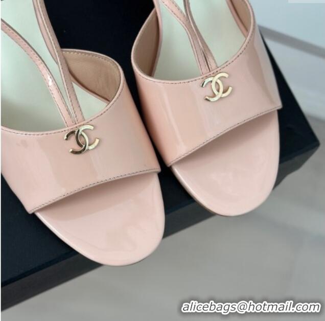 Pretty Style Chanel Patent Calfskin Sandals 6cm with Pearls Heel and Strap Light Pink 0126057