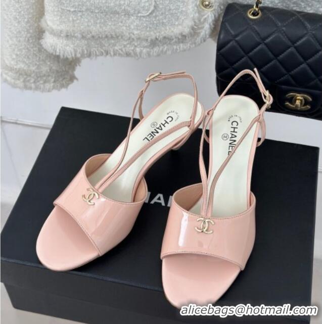 Pretty Style Chanel Patent Calfskin Sandals 6cm with Pearls Heel and Strap Light Pink 0126057