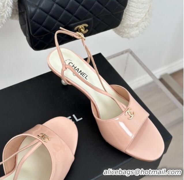 Pretty Style Chanel Patent Calfskin Sandals 6cm with Pearls Heel and Strap Light Pink 0126057