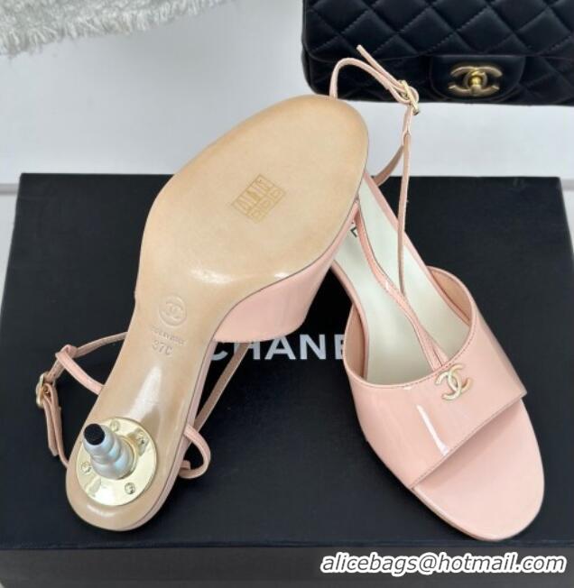 Pretty Style Chanel Patent Calfskin Sandals 6cm with Pearls Heel and Strap Light Pink 0126057