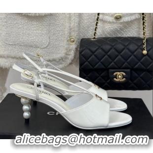 Top Grade Chanel Patent Calfskin Sandals 6cm with Pearls Heel and Strap White 0126058