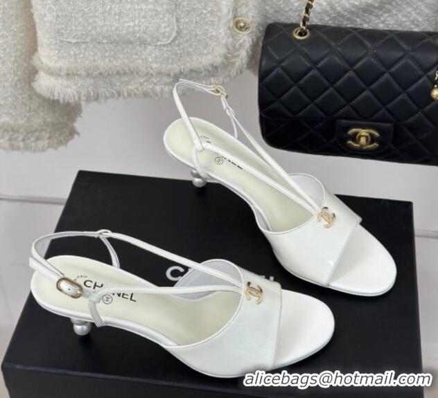 Top Grade Chanel Patent Calfskin Sandals 6cm with Pearls Heel and Strap White 0126058