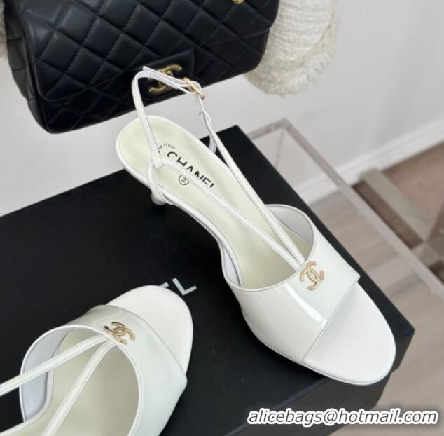 Top Grade Chanel Patent Calfskin Sandals 6cm with Pearls Heel and Strap White 0126058