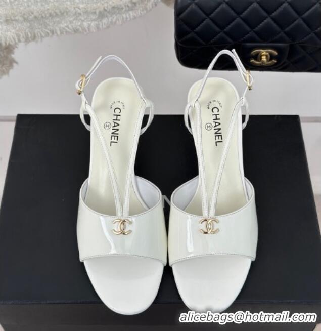 Top Grade Chanel Patent Calfskin Sandals 6cm with Pearls Heel and Strap White 0126058