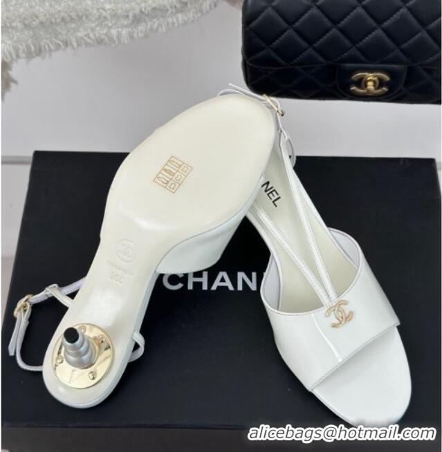 Top Grade Chanel Patent Calfskin Sandals 6cm with Pearls Heel and Strap White 0126058